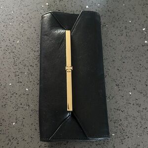 Tory Burch Black Leather Clutch with Gold Detail